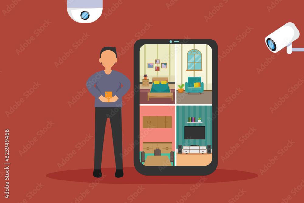 Person with smartphone monitoring CCTV camera on mobile phone application Person with smartphone monitoring CCTV camera on mobile phone application