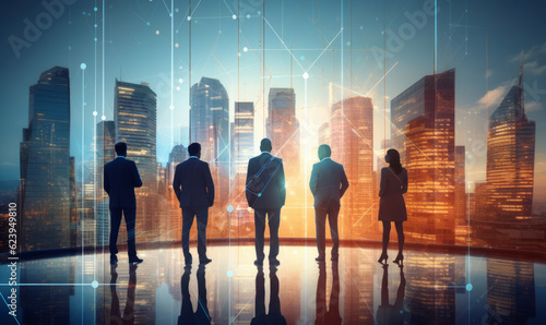 Silhouette of business people stood against a modern city skyline. Modern business team