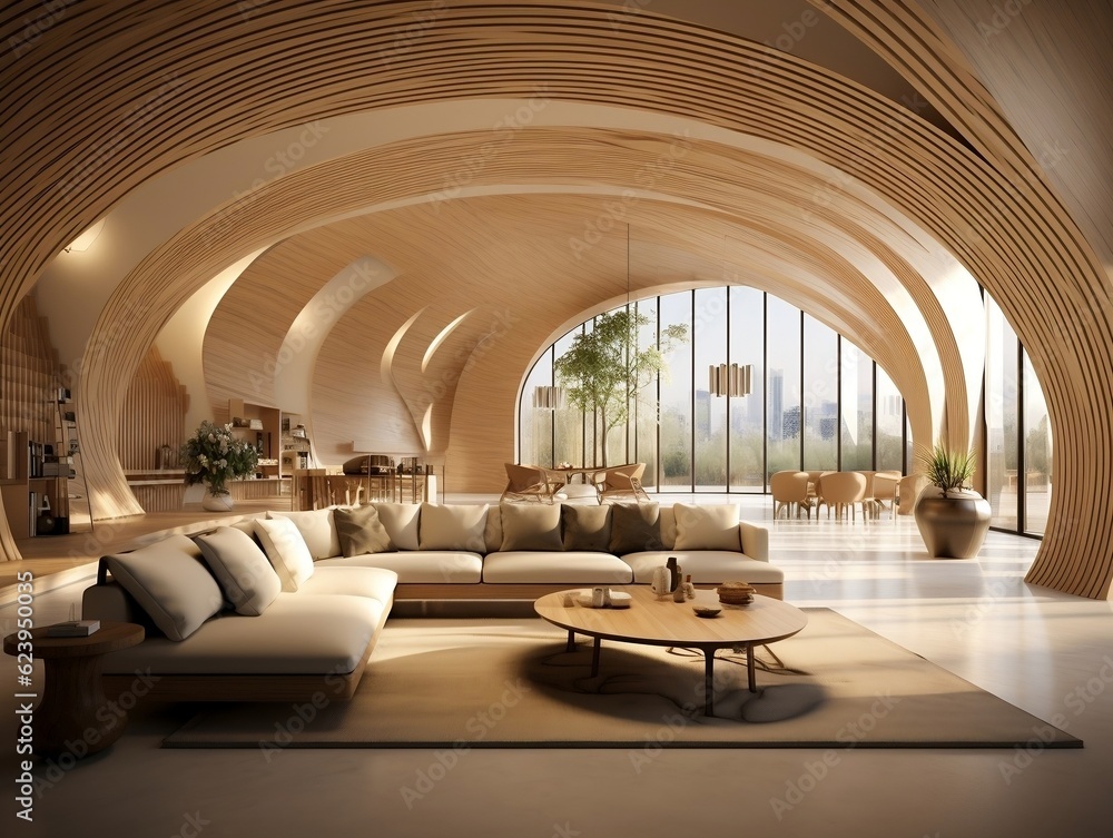 The interior design of the modern living room with abstract wooden arched ceiling and wall with curved lines generative ai