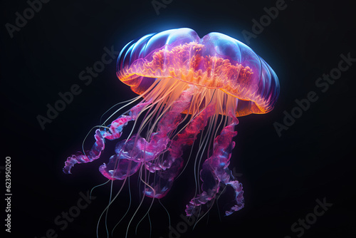 Photo glowing jellyfish swim deep in blue sea. medusa neon jellyfish fantasy in space cosmos among stars © Maqsudxon