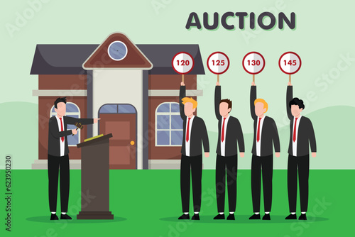 House auction with group of bidder giving their bid on the auctioneer.