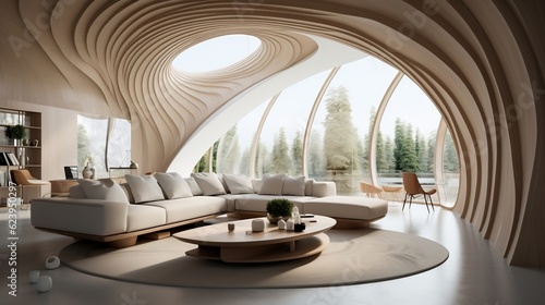 The interior design of the modern living room with abstract wooden arched ceiling and wall with curved lines generative ai © tanjidvect