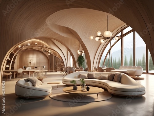 The interior design of the modern living room with abstract wooden arched ceiling and wall with curved lines generative ai