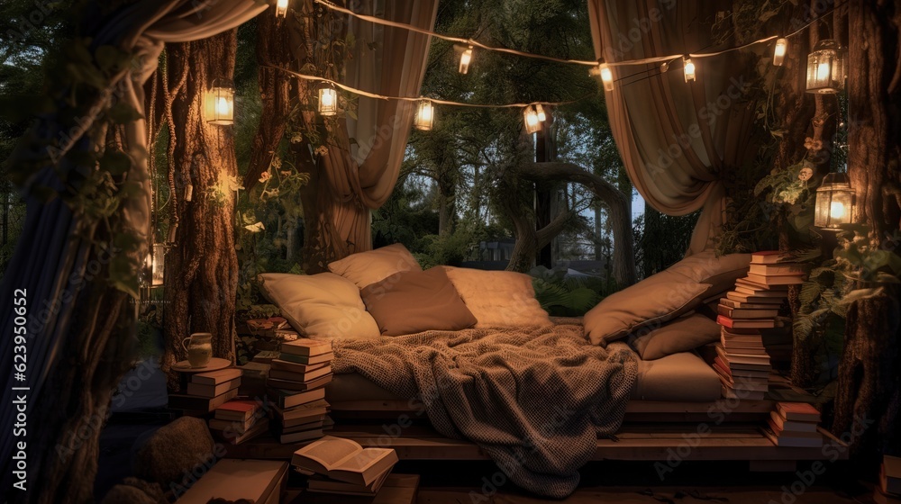 A cozy reading nook with a hammock strung between two trees. Disconnect from technology. Analog offline activities. Unplugging. Take a break from the digital world. Generative AI. - obrazy, fototapety, plakaty 
