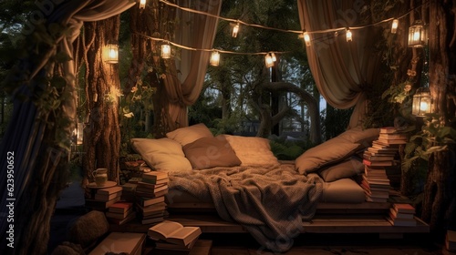 A cozy reading nook with a hammock strung between two trees. Disconnect from technology. Analog offline activities. Unplugging. Take a break from the digital world. Generative AI. photo
