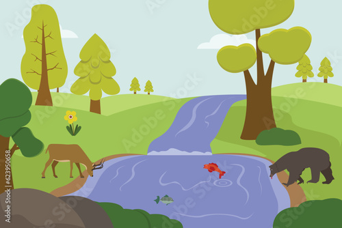 Forest vector concept. Natural river with fish  deer  and bear at the forest
