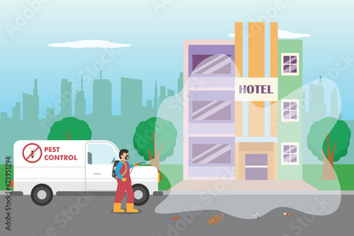 Pest control vector concept. Pest control worker spraying insecticide to a hotel building