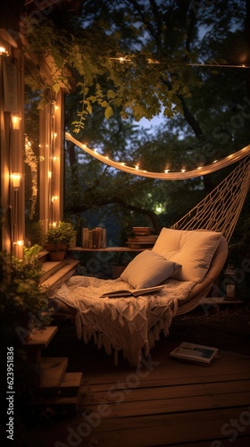 A cozy reading nook with a hammock strung between two trees. Disconnect from technology. Unplugging. Analog offline activities. Taking a break from the digital world. Simple life. Generative AI.