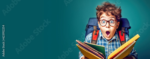 Banner of surprised little boy in glasses with backpack reading book on blue background. Back to school. 