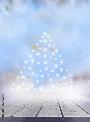 Wooden table, platform and frozen winter scene. Christmas tree pattern. Layout for the presentation of the product