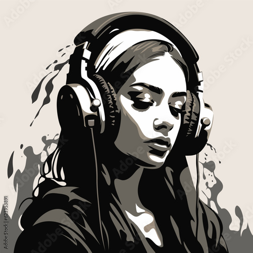 Thoughtful cute girl in headphones. Image in stencil graffiti style. Vector illustration
