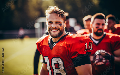 Smiling american football players standing together on a sports field outside during a team practice. Generative AI