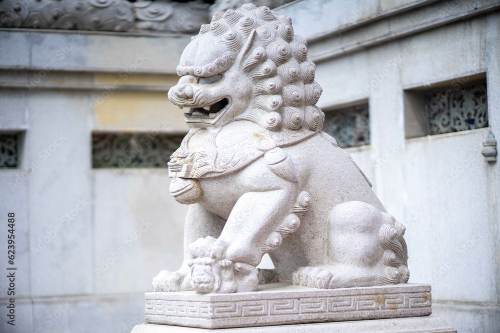 Obraz premium Chinese Stone Lion in Thai temple isolated on white background.Beside