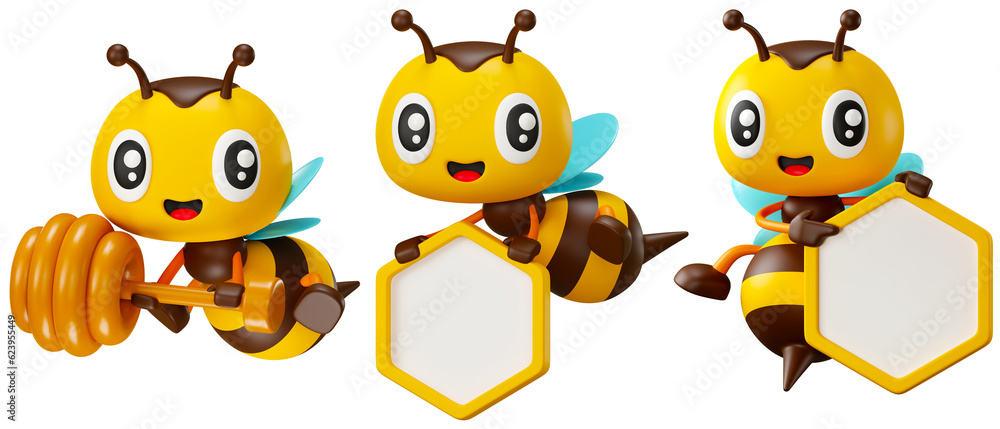 Obraz premium 3D cartoon cute honey bee character set with different poses. Cute Bee holding honeycomb shaped signboard and honey dipper. 3d rendering illustration mascot set.