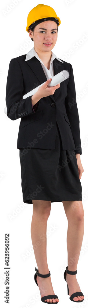 Digital png photo of biracial businesswoman with helmet and schematics on transparent background Digital png photo of biracial businesswoman with helmet and schematics on transparent background