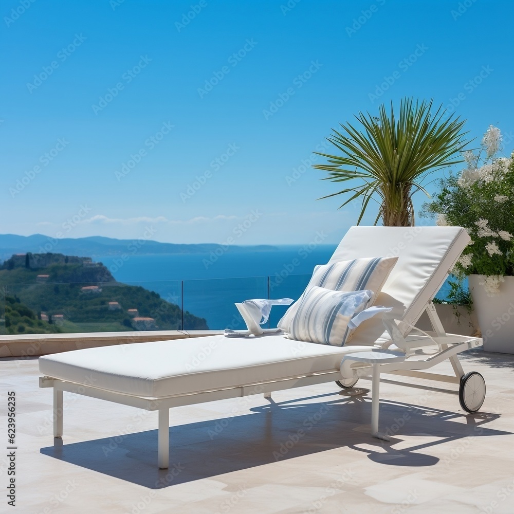 White deck chair on the terrace with a stunning sea view under blue sky on a sunny day generative ai