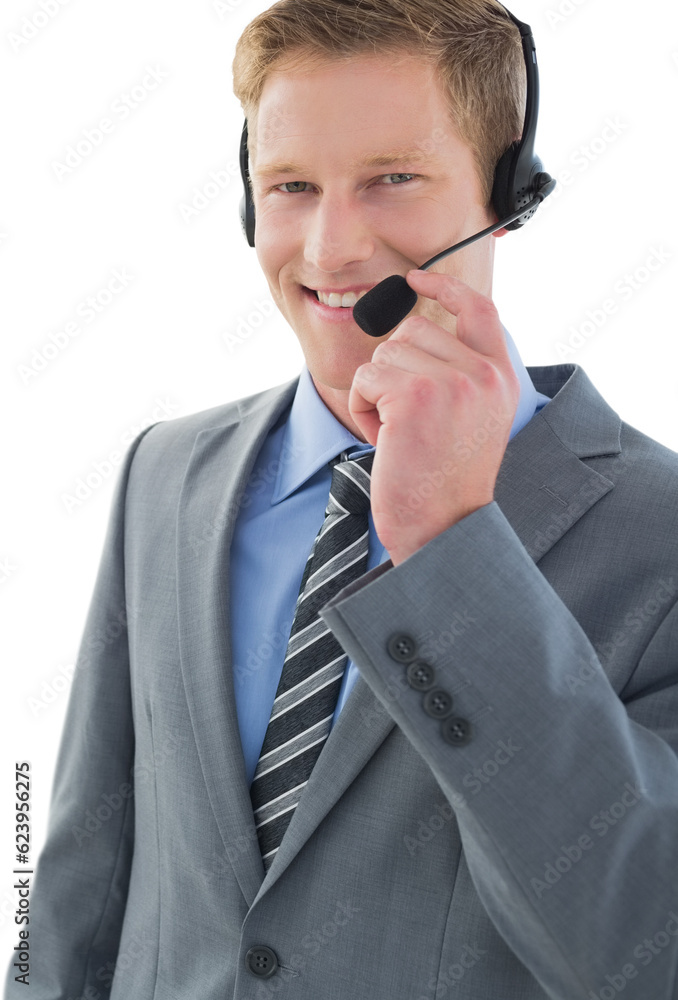 Digital png photo of happy caucasian businessman using phone headset on transparent background Digital png photo of happy caucasian businessman using phone headset on transparent background