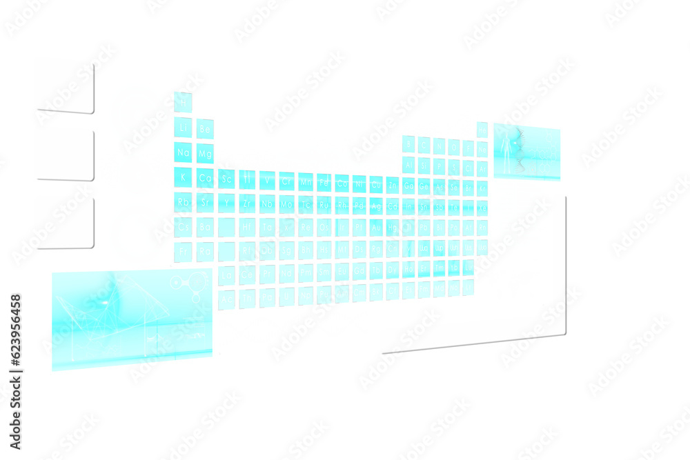 Digital png illustration of scope scanning and periodic table on transparent background