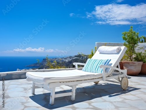 White deck chair on the terrace with a stunning sea view under blue sky on a sunny day generative ai