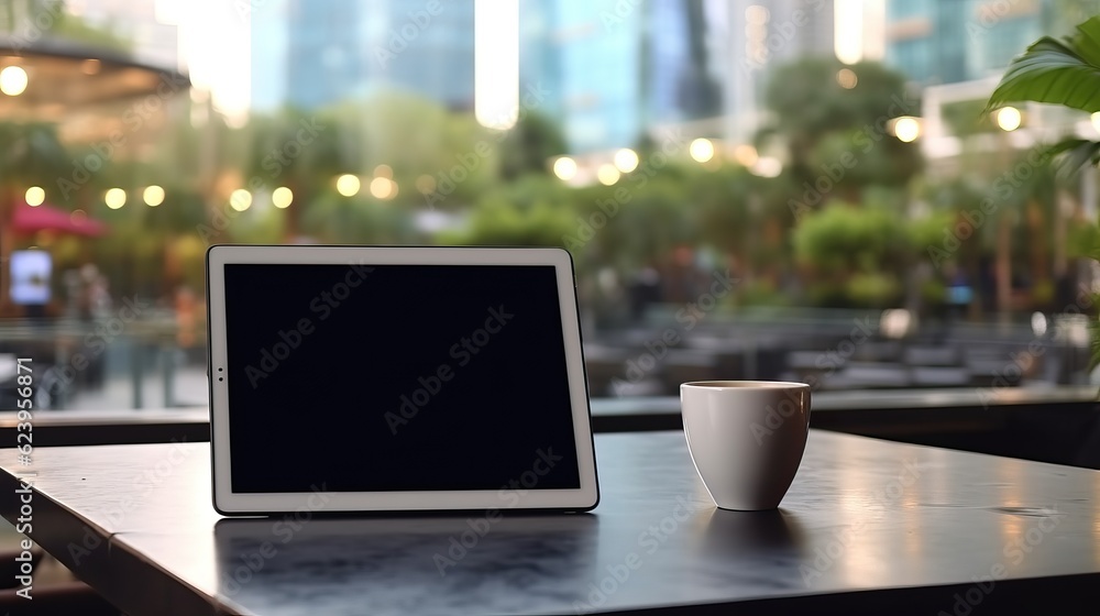 tablet screen at modern cafe in the city. generative AI. tablet screen at modern cafe in the city. generative AI.