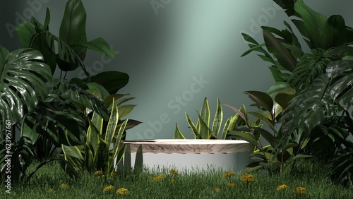 Fototapeta Naklejka Na Ścianę i Meble -  wooden pedestal with tropical plant and grass, premium podium and natural tree shadow on wall background.