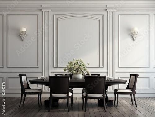 Black chairs and wooden dining table against classic white paneling wall interior design of the modern dining room generative ai