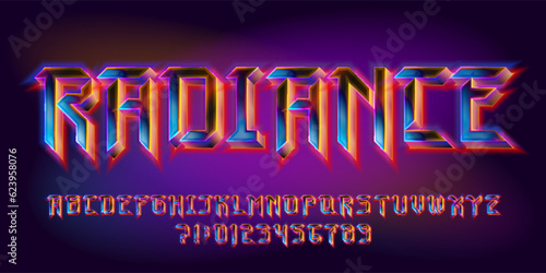 Radiance alphabet font. Glowing 3d letters and numbers in heavy metal style. Retro typescript for your typography design.