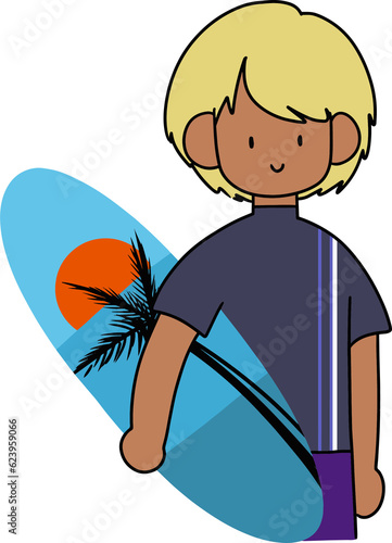 Young man surfer holding a surfboard. Hand drawing cartoon.