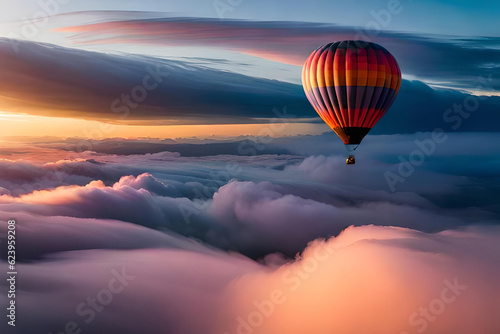 Photographie A hot air balloon flying over a sea of ​​clouds