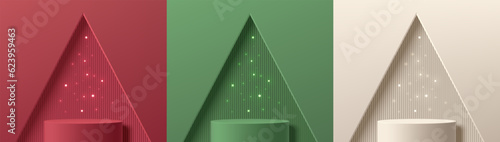 Set of 3D abstract background with red, cream, green realistic cylinder podium. Neon bulb light in triangles christmas tree. Vector mockup product display. New year minimal wall scene. Stage showcase.