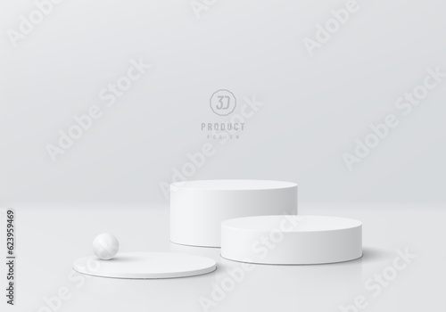 Abstract 3D background. set of realistic white and gray level cylinder pedestal podium. Wall minimal mockup cosmetic product display. Geometric platforms. Round stage showcase. Vector 3D rendering.