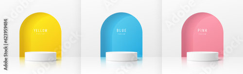 Set of realistic white 3d cylinder pedestal podium background with yellow, blue, pink in arch gate wall scene. Abstract minimal vector rendering geometric forms. Mockup product display. Stage showcase