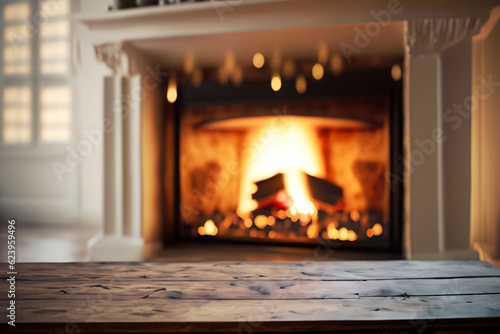 cosy home interior background Table top with blurred fireplace  Ai Generate 