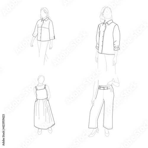 A set of sketches of the outlines of a girl in a fashionable suit standing 2