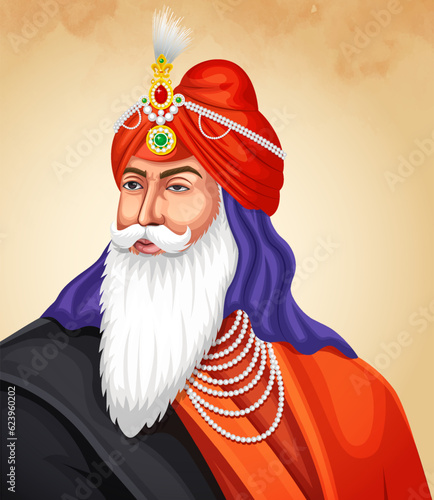 Stock Vector illustration of the first emperor of the Sikh empire. Maharaja Ranjit Singh Jayanti, eps 10 editable vector.