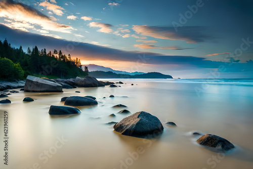 Stunning beautiful rocks with calm sea water. Blue sky before sunrise over the horizon