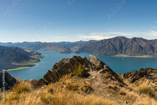 Looking down over Lake Hawea from near the summit of the  Isthmus peak hiking track near the Neck photo