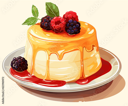 Custard pudding with caramel and raspberry in watercolor drawing style