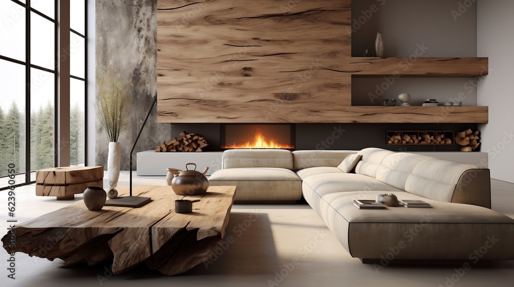 Fototapeta premium The minimalist interior design of the modern living room with rustic accent pieces generative ai