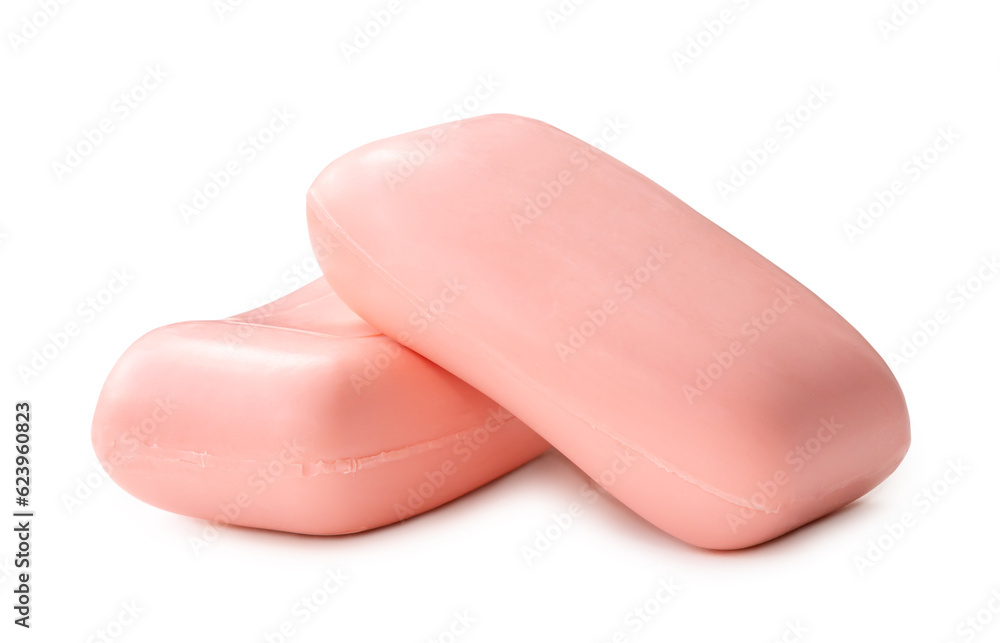Two dry pink soap bars in stack isolated on white background with clipping path and shadow in png file format