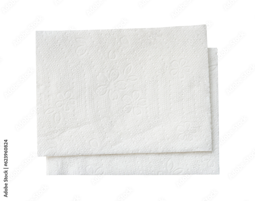 Top view of two folded pieces of white tissue paper or napkin in stack isolated on white background with clipping path. Top view of two folded pieces of white tissue paper or napkin in stack isolated on white background with clipping path.