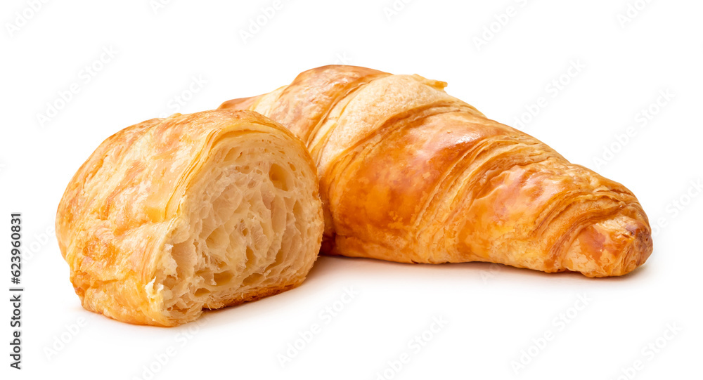 single piece of croissant with half isolated on white background with clipping path.