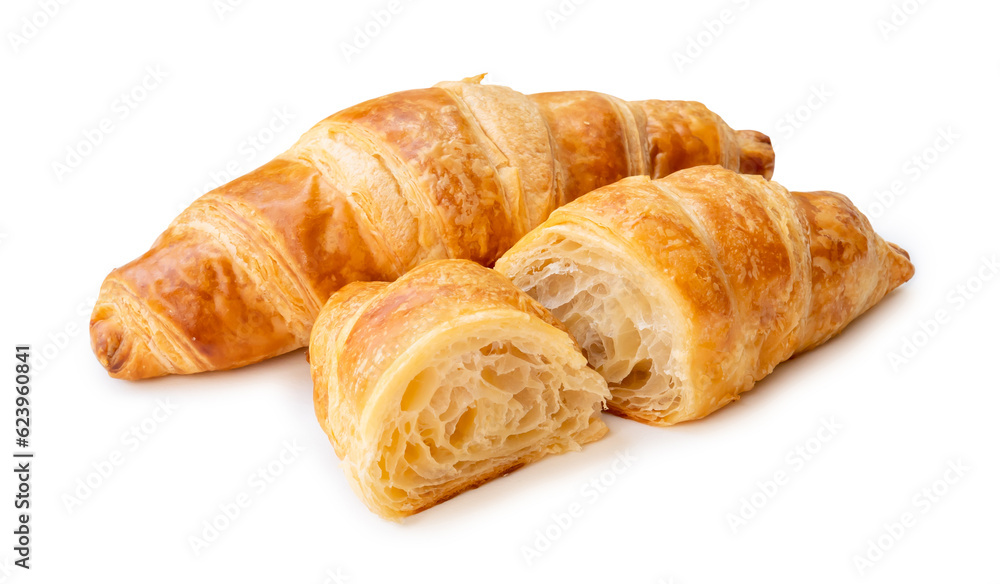 single piece of croissant with two halves isolated on white background with clipping path. single piece of croissant with two halves isolated on white background with clipping path.