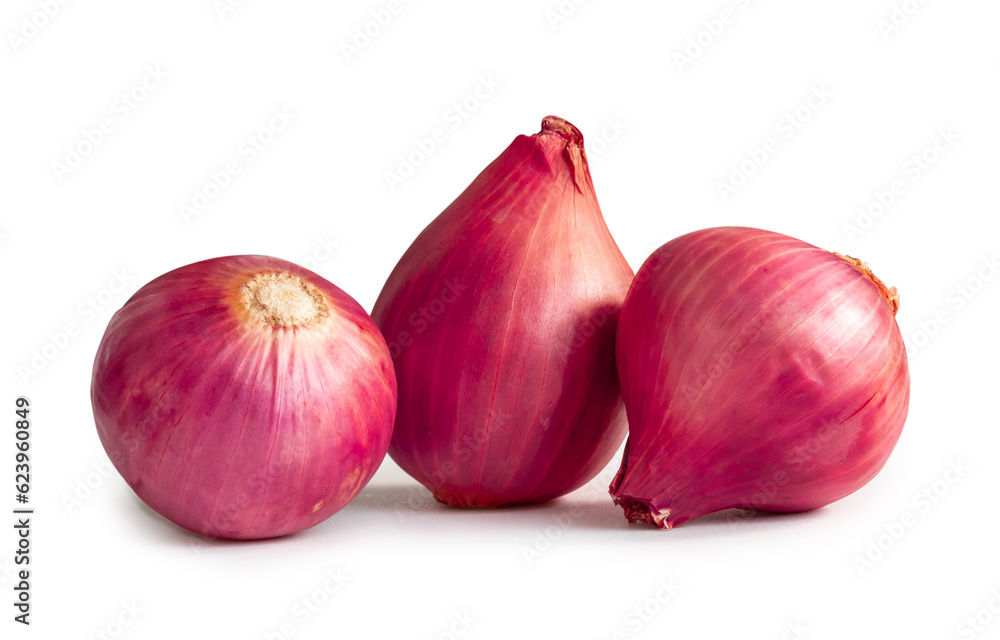 Fresh red onions isolated on white background with clipping path and shadow in png file format