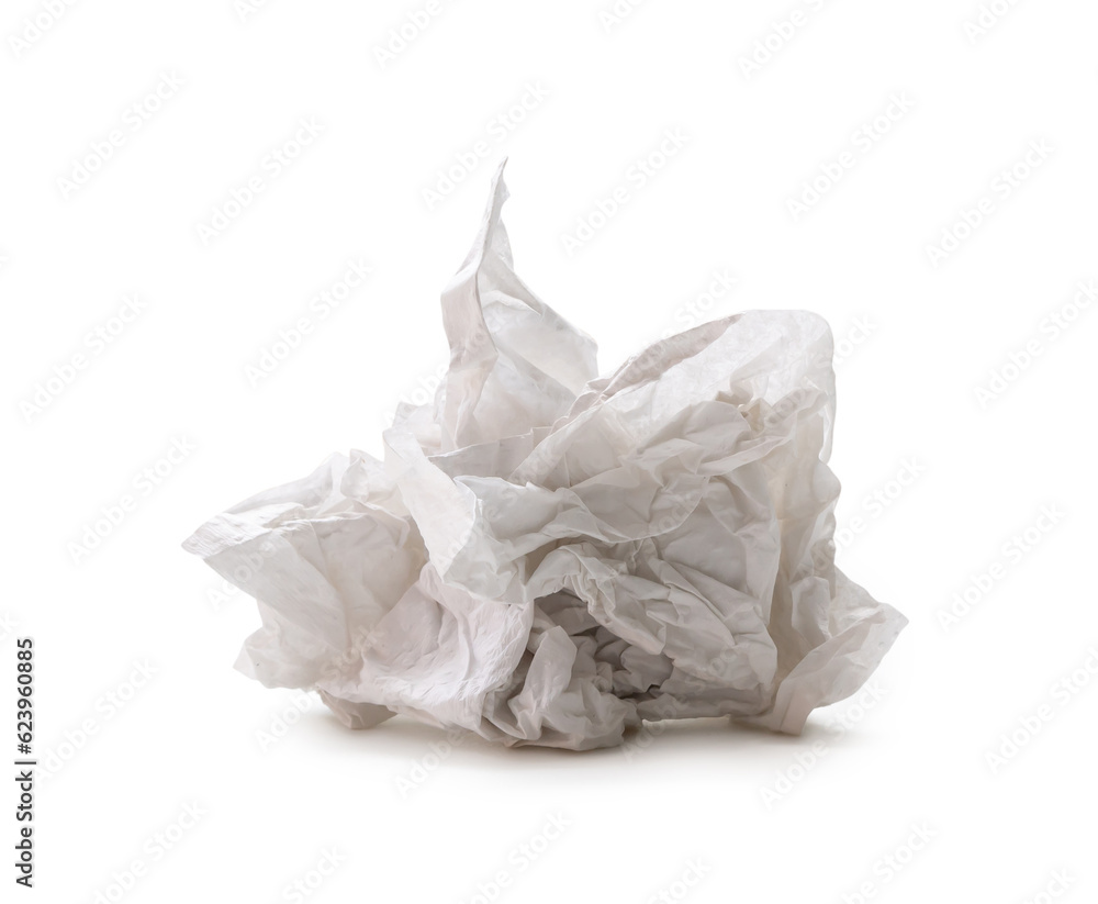Single screwed or crumpled tissue paper or napkin in strange shape after use in toilet or restroom isolated on white background with clipping path.