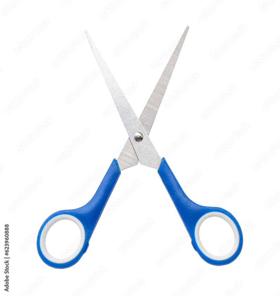Small kid scissors with blue handle isolated on white background with clipping path in png file format Small kid scissors with blue handle isolated on white background with clipping path in png file format