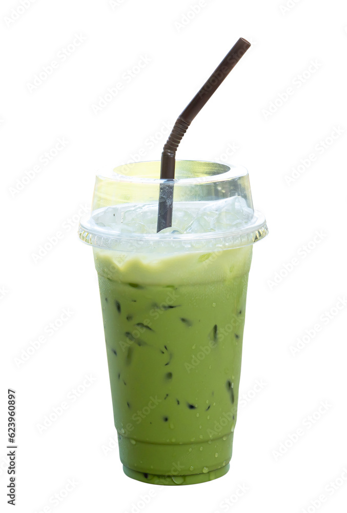 Iced matcha green tea Latte with condensed milk in transparent plastic glass isolated on white background with clipping path. Iced matcha green tea Latte with condensed milk in transparent plastic glass isolated on white background with clipping path.