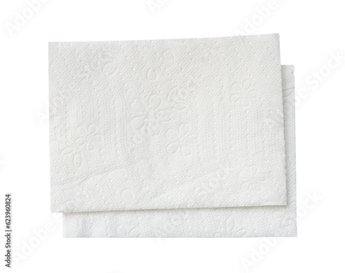 Top view of two folded pieces of white tissue paper or napkin in stack isolated on white background with clipping path.