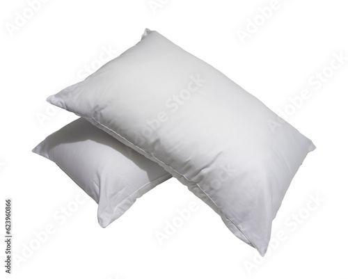 White pillows in stack after guest's use at hotel or resort room isolated on white background with clipping path in png file format. Concept of confortable and happy sleep in daily life