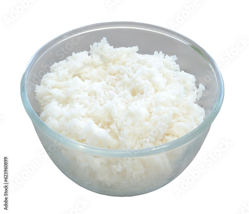 Steamed rice in transparent bowl isolated on white background with clipping path.
